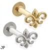 14K Gold internally threaded labret with Fleur-de-Lis charm top