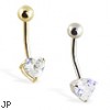 14K Gold jeweled heart belly ring with 3-prongs