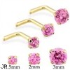 14K Gold L-shape nose pin with Round Pink Tourmaline