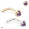 14K Gold L-shaped nose pin with 1.5mm Amethyst gem