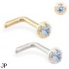 14K Gold L-shaped nose pin with 1.5mm Aquamarine gem