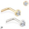 14K Gold L-shaped nose pin with 1.5mm Blue Zircon gem