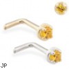 14K Gold L-shaped nose pin with 1.5mm Citrine gem
