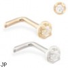 14K Gold L-shaped nose pin with 1.5mm clear CZ gem