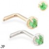 14K Gold L-shaped nose pin with 1.5mm Emerald gem