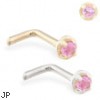 14K Gold L-shaped nose pin with 1.5mm Pink Tourmaline gem