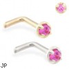 14K Gold L-shaped nose pin with 1.5mm Ruby gem