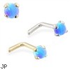 14K Gold L-shaped Nose Pin with 2mm Round Blue Opal