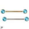 14K Gold Nipple Ring with Bezel Setting Aquamarine Gems, 14 Ga