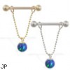 14K Gold nipple ring with dangling blue green opal ball on chain, 14 ga