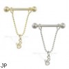 14K Gold nipple ring with dangling cursive initial C, 14 ga