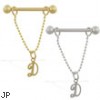 14K Gold nipple ring with dangling cursive initial D, 14 ga
