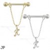 14K Gold nipple ring with dangling cursive initial K, 14 ga