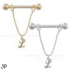 14K Gold nipple ring with dangling cursive initial L, 14 ga