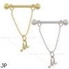 14K Gold nipple ring with dangling cursive initial M, 14 ga