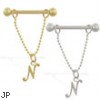 14K Gold nipple ring with dangling cursive initial N