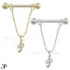 14K Gold nipple ring with dangling cursive initial P, 14 ga