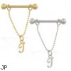 14K Gold nipple ring with dangling cursive initial T, 14 ga