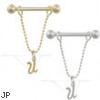 14K Gold nipple ring with dangling cursive initial U, 14 ga