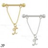 14K Gold nipple ring with dangling cursive initial X, 14 ga