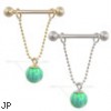 14K Gold nipple ring with dangling green opal ball on chain, 14 ga