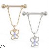 14K Gold nipple ring with dangling jeweled butterfly on chain, 14 ga