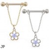 14K Gold nipple ring with dangling jeweled flower, 14ga