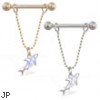 14K Gold nipple ring with dangling jeweled shark on chain, 14 ga