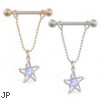 14K Gold nipple ring with dangling jeweled star on chain, 14 ga