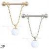 14K Gold nipple ring with dangling white opal ball on chain, 14 ga