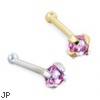 14K Gold Nose Bone with 2mm Round Cabochon Pink Tourmaline