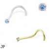 14K Gold Nose Screw with 1.5mm Round Blue Topaz CZ, 20 Ga