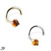 14K Gold Nose Screw with 2mm Round Cabochon Amber, 20 Ga