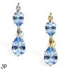 14K Gold reversed belly ring with double Blue Zircon teardrop dangle