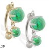 14K Gold reversed belly ring with double Green opal dangle