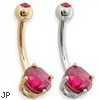 14K Gold Ruby Checkered Gem Navel Ring, 14 ga