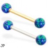 14K Gold straight barbell with Blue Green opal balls