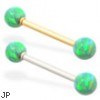 14K Gold straight barbell with Green opal balls