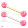 14K Gold straight barbell with Pink opal balls