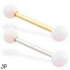 14K Gold straight barbell with White opal balls