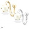 14K Gold Twister Barbell with 6mm White Pearl, 14Ga