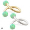 14K Gold twister barbell with Green opal balls , 14ga
