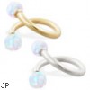 14K Gold twister barbell with White opal balls , 14ga