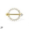 14K Real Yellow Gold Gemmed Nipple Ring With Jeweled Barbell, 14 Ga