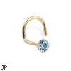 14K Real Yellow Gold Nose Screw With Round 2.5Mm Aqua CZ, 20 Ga