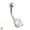 14K white gold belly button ring with round stone and jeweled top ball