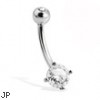 14K White Gold Belly Button Ring With Round Stone And Jeweled Top Ball