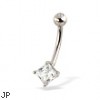 14K White Gold Belly Ring with Square Gem