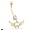 14K Yellow and White Gold belly ring with dangling heart and wings