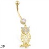 14K Yellow and White Gold belly ring with dangling Owl Charm